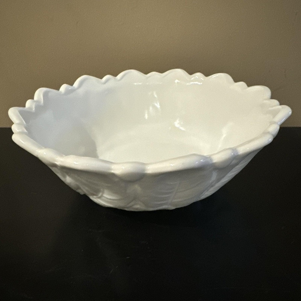 Vintage White MILK GLASS Footed Floral Rose Cabbage Lettuce Leaf 9" SERVING BOWL